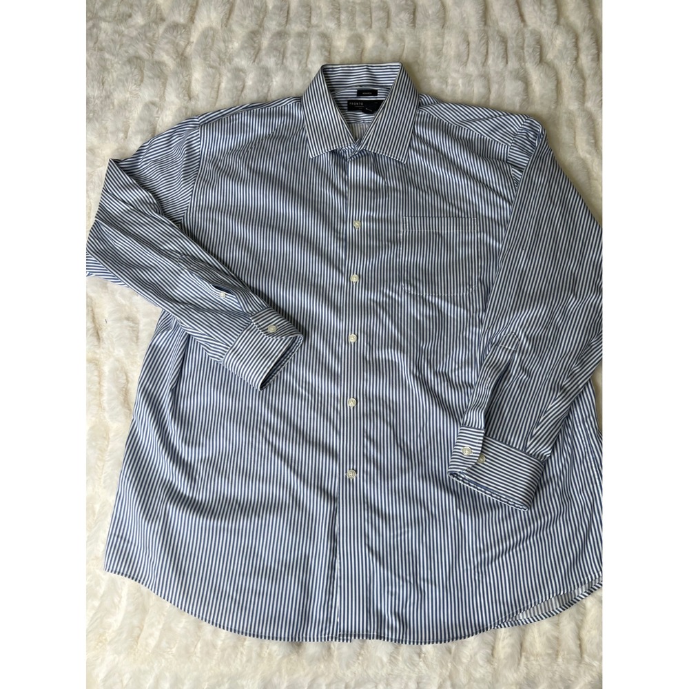 Pronto Uomo Mens Blue White Striped Non-Iron Dress Shirt 18 34/35 Cotton